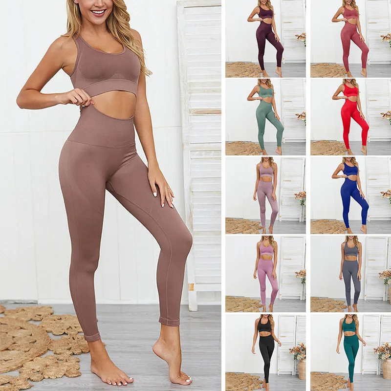 

Женская спортивная одежда из 2 предметов, комплект для фитнеса, Бесшовные Леггинсы для йоги, укороченный топ, спортивный костюм