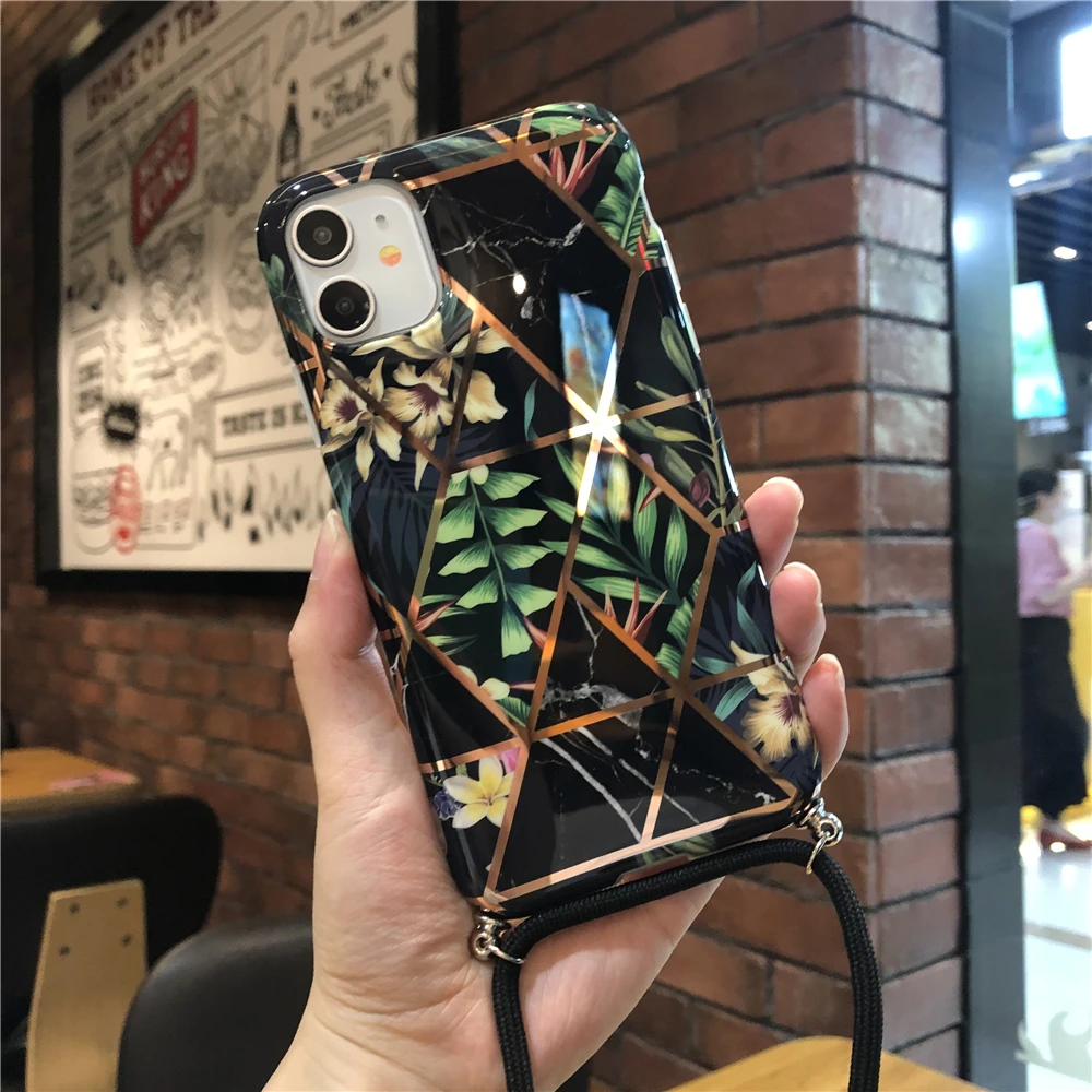 plated geometric flower and leaf cover for iPhone 11 X Xs max XR 7 8 6 6s se2020 case With Crossbody Lanyard Neck Strap Rope |