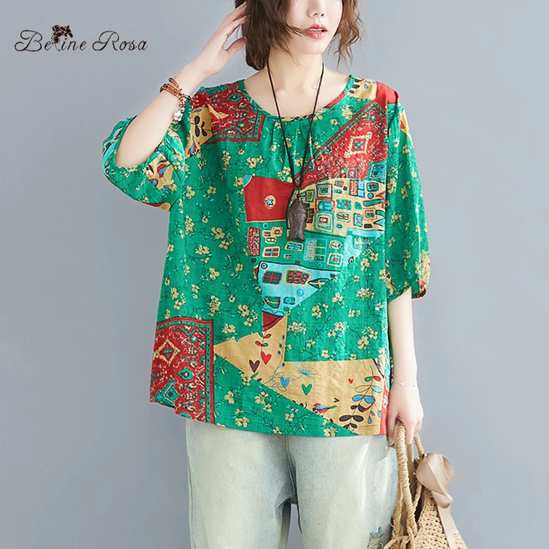 

BelineRosa 2020 Hawaiin Holiday Cotton Linen Sweet Shirts Summer Short Sleeve Natural Casual Tops for Women BSDM0435