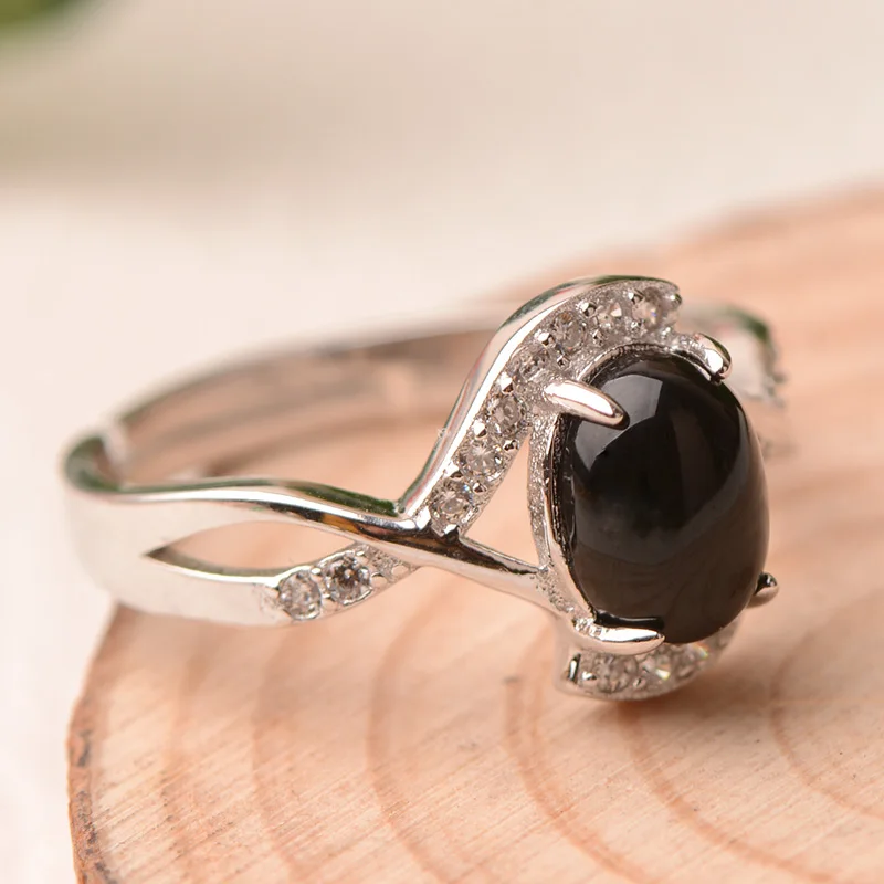 Женское кольцо из серебра 925 пробы с черным агатом 6 мм x 8 мм|Кольца| |