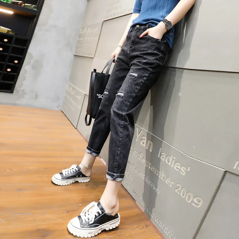 Новинка весна-осень 2021 черные рваные высокие джинсы женские свободные с высокой