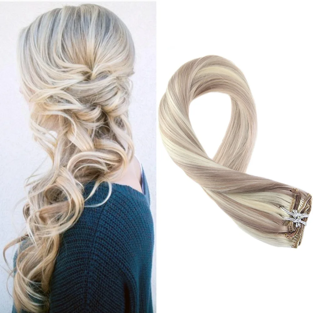 Moresoo 100 г волосы для наращивания на заколках, человеческие волосы Remy блонд# P18/613 на всю голову, 7 шт. 16-24 дюйма, бразильские волосы