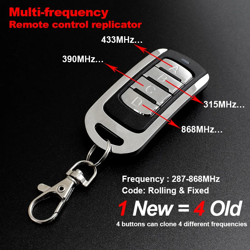 

New 280 - 868 MHz Garage Remote Control 433 MHz Clone 4CH Gate Door Opener For Fixed Rolling Code Transmitter Replacement 280 -