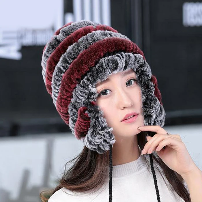 Lady Real Fur Earflap Hats Women Natural Rex Rabbit Fur Beanies Cap Russian Winter Warm Genuine Fur Hat Wholesale - Цвет: rose grey
