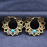 stainless steel blue stone big indian flower of life hoop earrings women gold color bohemia earing jewelry bijoux femme e9343s04