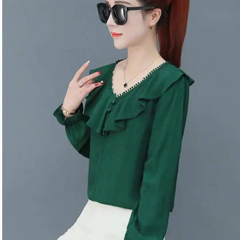 Женские шифоновые рубашки в повседневном стиле с длинным рукавом и воротником