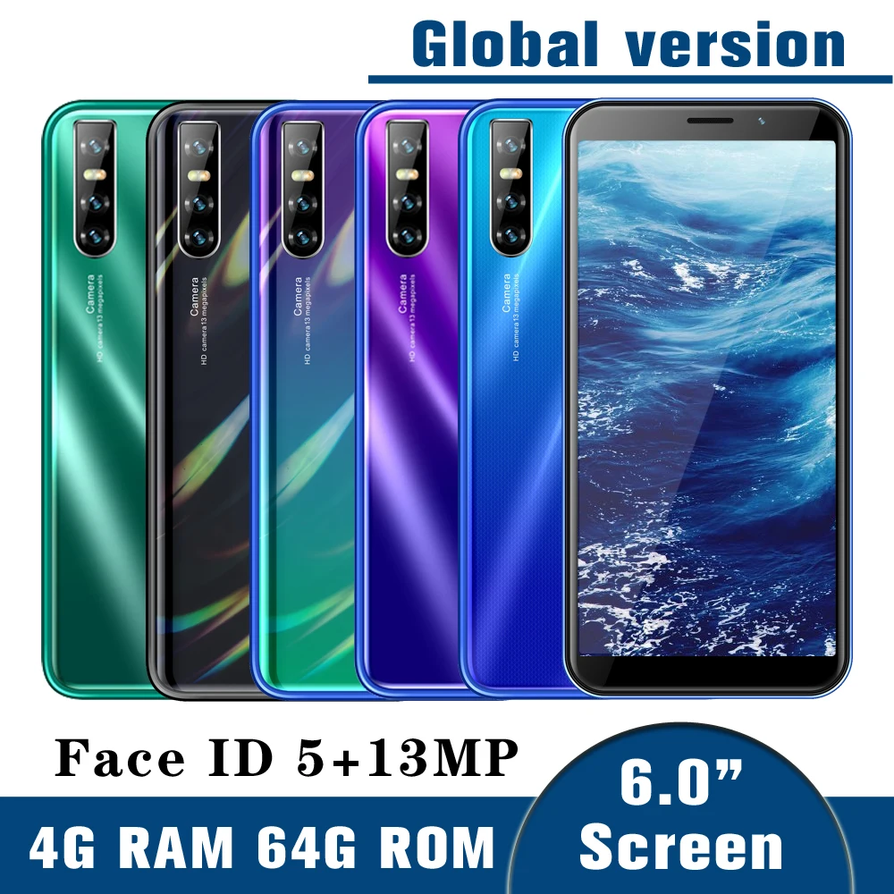 

5MP+13MP A50s 6.0" unlocked IPS 4GRAM+64G ROM Quad core front/back camera smartphones Android mobile phones cheap celular 2SIM