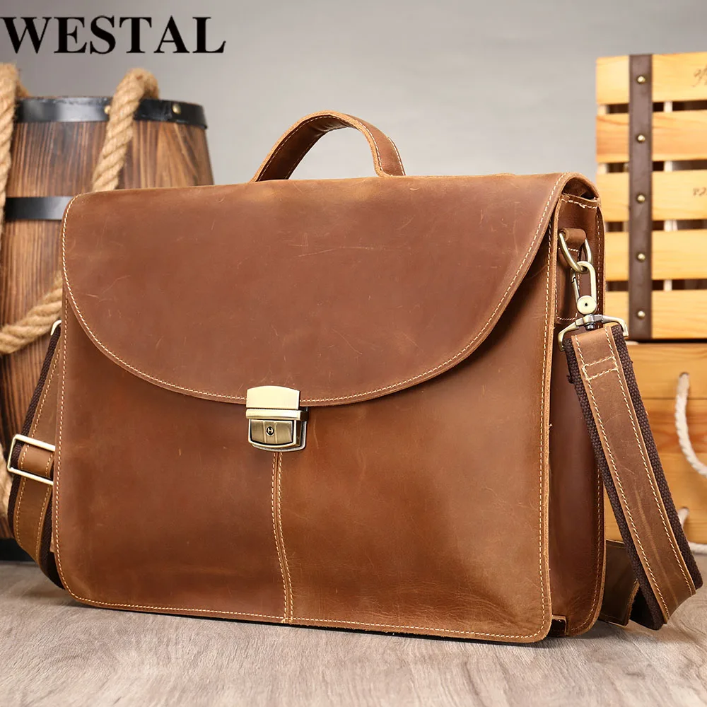 

WESTAL Men's Briefcase For Men's Bag For Document Laptop Bag 14'' Handbags Genuine Leather Male Bags Leather Messenger Bags 364