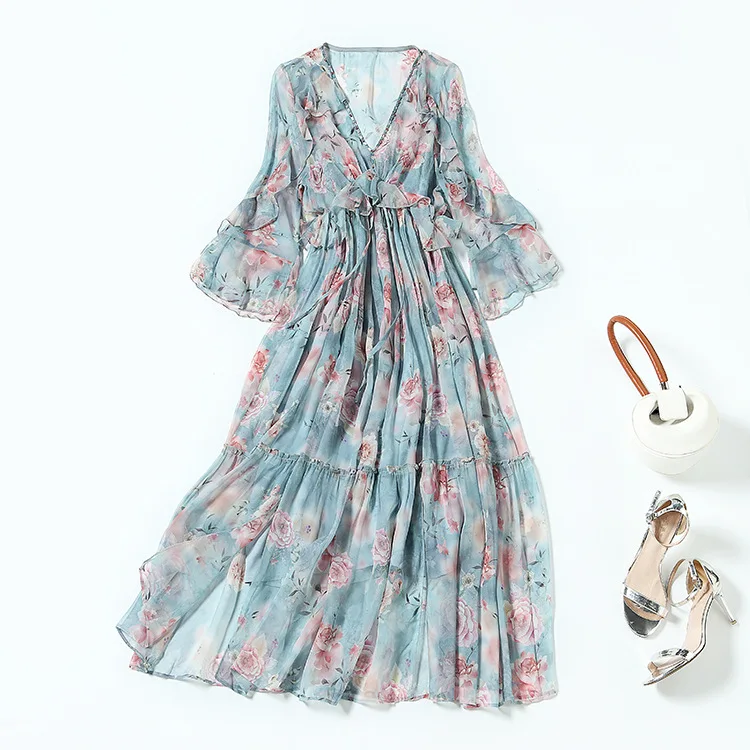 

Women Silk Dress Beach Female Art Vintage Floral Vestidos 2021 Spring Summer Holiday Knee-Length New