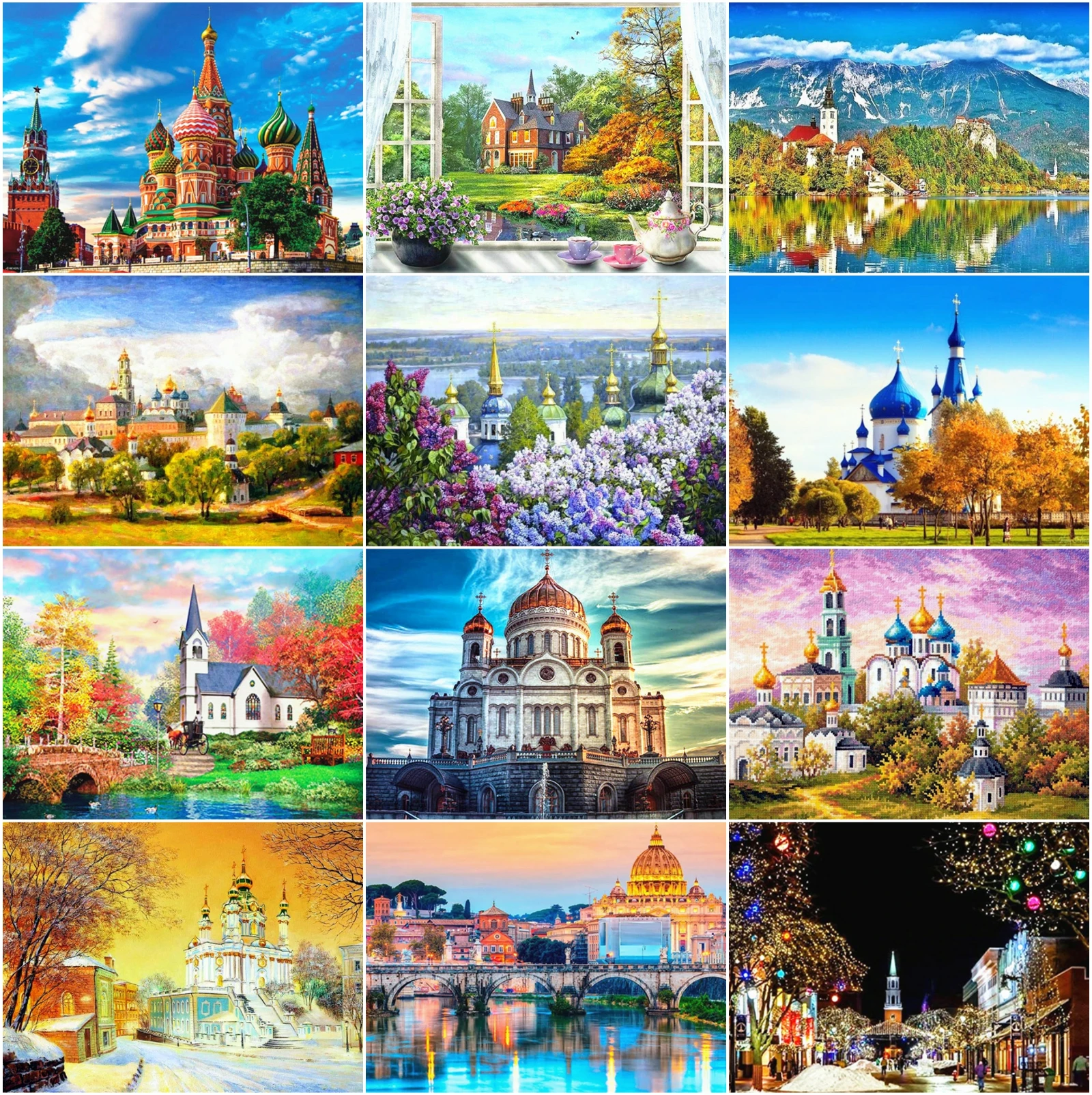 

AZQSD 5D DIY Diamond Painting Church Cross Stitch Picture Of Rhinestones Diamond Embroidery Landscape Mosaic Home Decoration