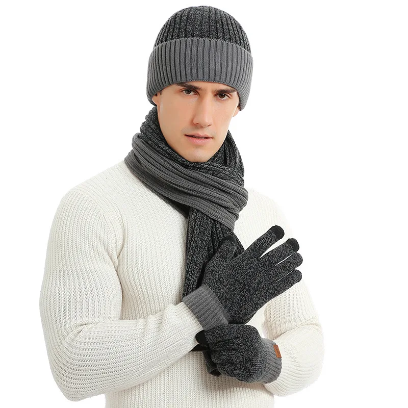 

Winter Beanie Hat Scarf Gloves Three-piece Set Women Men Touch Screen Gloves Outdoor Warm Velvet Knitted Unisex Beanie Hats Sets