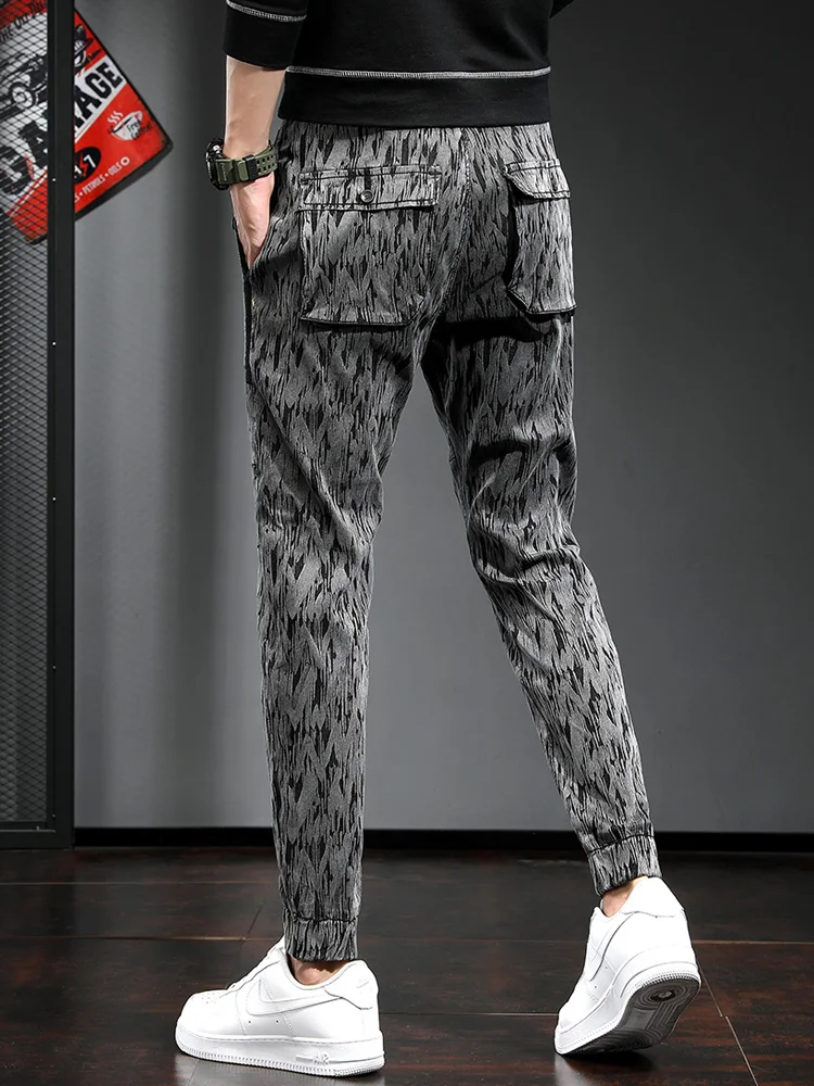 

Casual Men Slim Fit Pencil Pants Fashion Pattern Dark Gray Drawstring Trousers Korean Streetwear