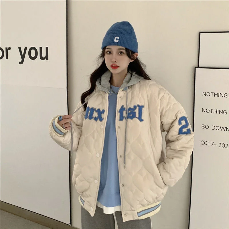 

Retro Fashion American Embroidered Jacket New Thick Warm Women Baseball Uniform Fake Two Winter Casual Ladies Cotton Jacket