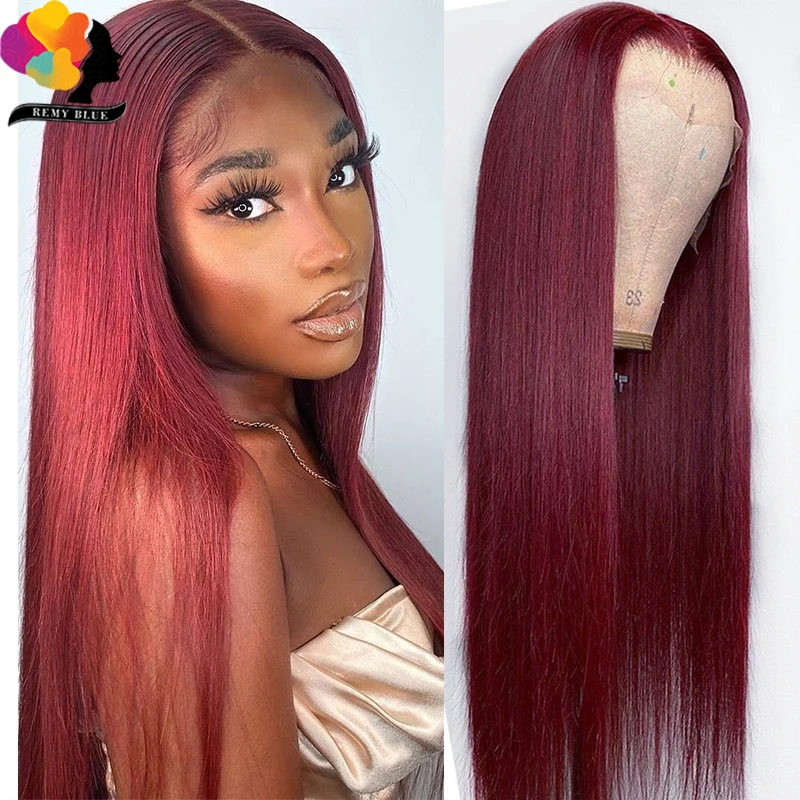 

Brazilian Straight Human Hair Wig Burgundy 99J Lace Front Wigs Human Hair PrePlucked 13*1 Red Lace Part Wig 180 Density Remyblue