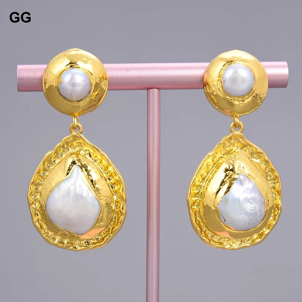

GG Jewelry Natural White Coin kESHI Pearl Gold Plated Stud Earrings For Women