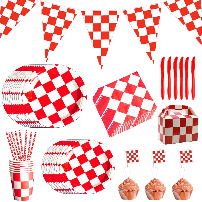 

Racing Car Kids Happy Birthday Party Supplies Disposable Party Tableware Red White Lattice Paper Cup Napkin Plate Banner Decor