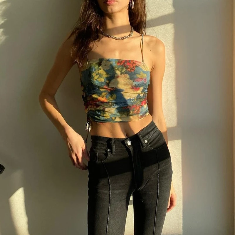 

Summer Women Fashion Floral Print Summer Drawstring Ruched Camis Vest Sleeveless Backless Y2K Strap Top Cropped