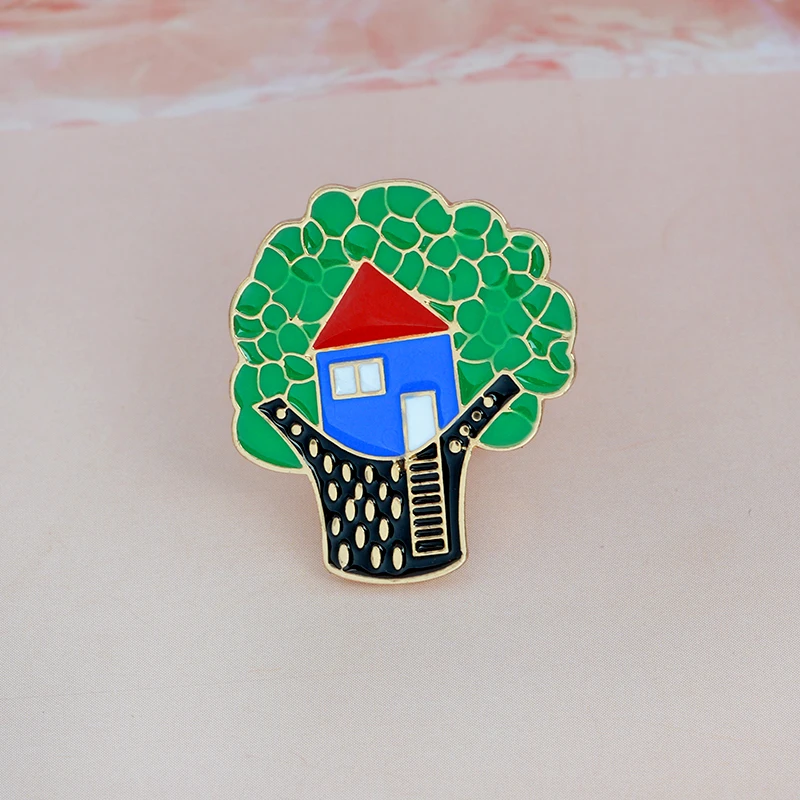 Эмалированные булавки в виде домика с мультяшным деревом для детской пуговицы