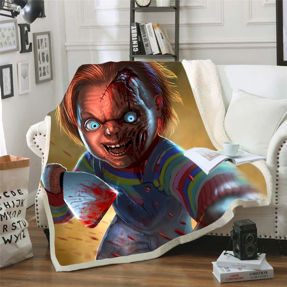 

Newest Horror Movie Child of Play Character Chucky Blanket Gothic Sherpa Fleece Wearable Throw Blanket Microfiber Bedding 08