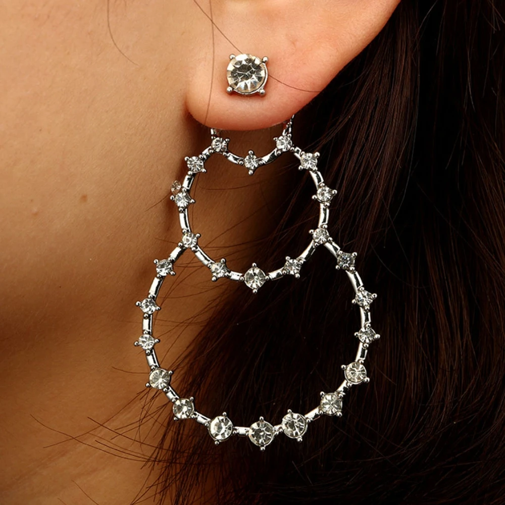 

1PC Exaggerated Large Size Round Circle Hollow Drop Rhinestones Long Pendant Earrings Women