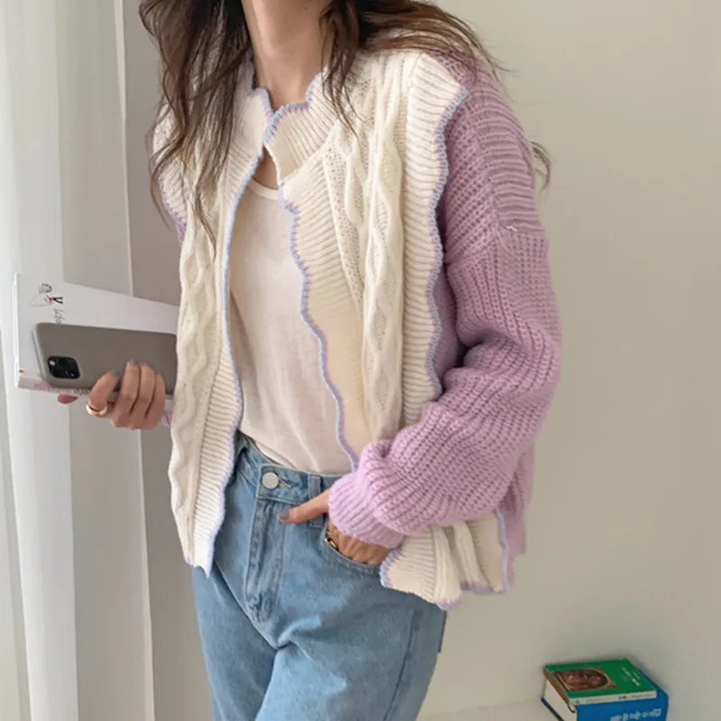 

Alien Kitty Knitted Sweater Cardigan Jacket Women 2022 New Sweet Korean Style Stitching Color Sweaters Loose Jumper Coat Femme