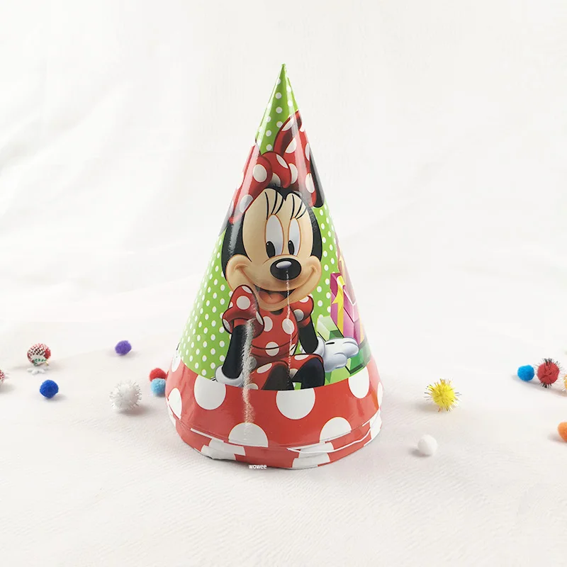 caps 6pcs Минни Маус для девочек; Детский комплект для дня рождения; комплект для украшения; вечерние принадлежности с изображением Микки Мауса; тарелка с соломенной чашкой; вилка для дня рождения - Цвет: caps 6pcs