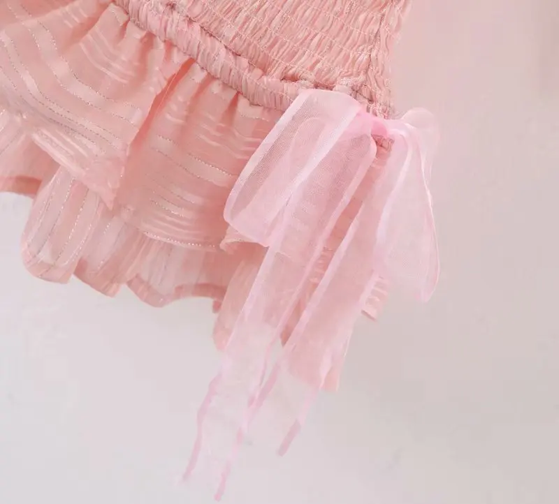 Linjiashop Loveshackfancy autumn pink dress short sleeve vintage slim special chiffon ruffles mini dress dropshipping
