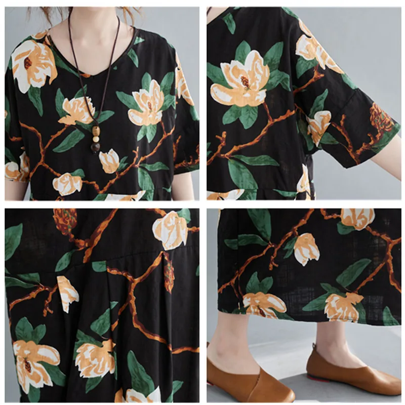 

Cotton Linen Loose Floral Dress Casual Long Short Sleeve Plus Size Dresses Women's Elegant Summer Clothing