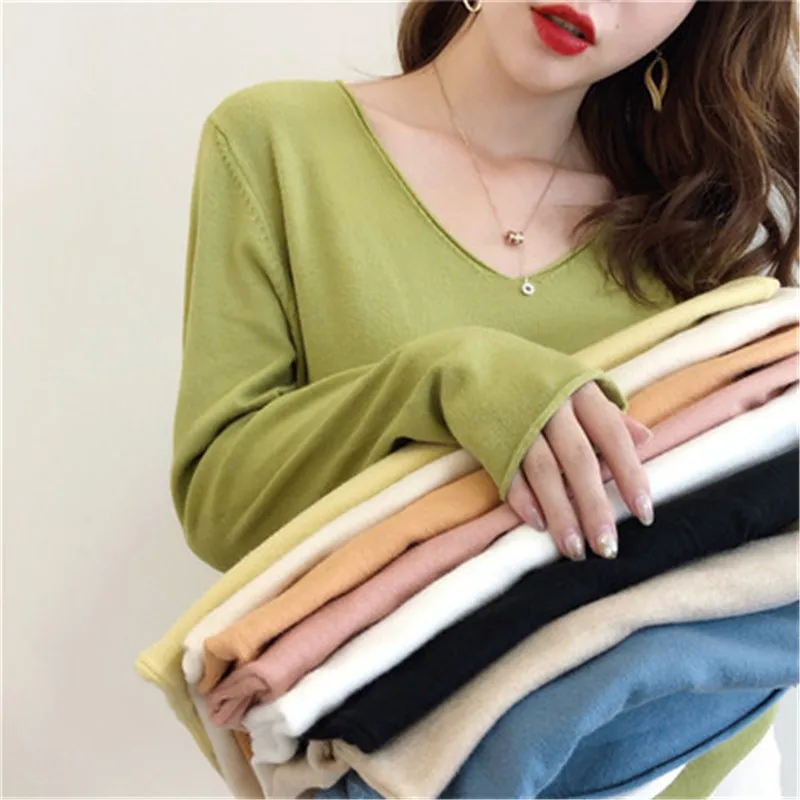 

2020 autumn winter Sweater Knitted Pullover women v-neck oversize sweater female loose long sleeve sweater top Jumper 0075B