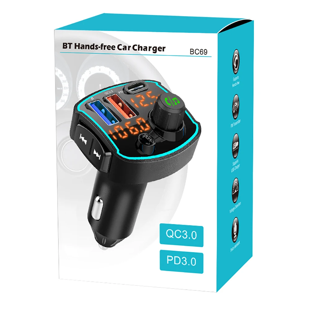 

Car MP3 Bluetooth Player FM Transmitter USB-C Car Charger QC3.0 + PD3.0 18W Quick Charge U-Disk Music Player for 12-24V Vehicles