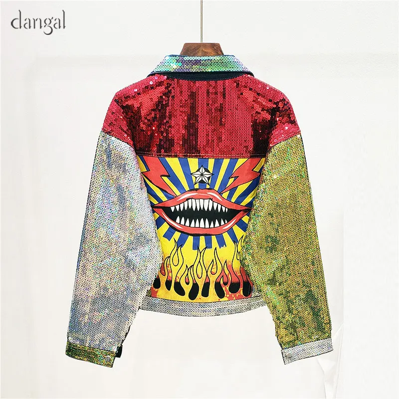 Женская короткая джинсовая куртка с блестками пальто пайетками и круглым