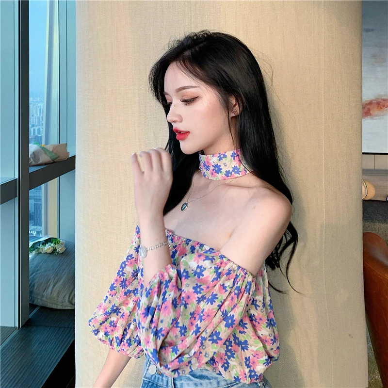 

Off Shoulder Sexy Slash Neck Club Crop Top Shirts Korean Clothes Woman Halter Summer Style Fashion Brand Print Ladies Tops New