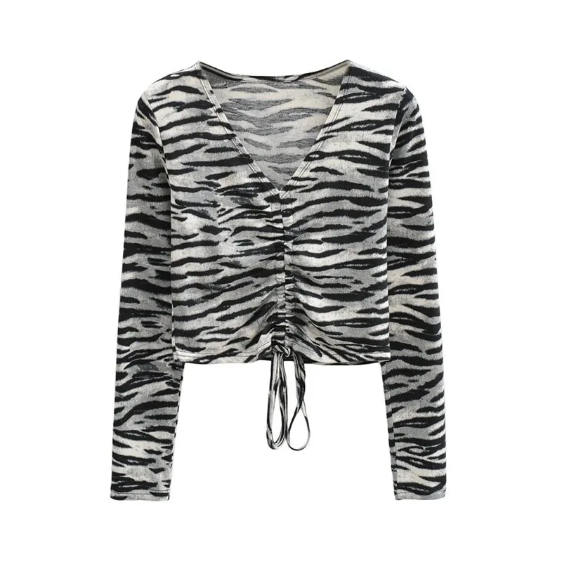

V-neck Sexy Long Sleeve Top Leopard Print Streetwear Women T Shirts 2021 Spring Slim Fit Drawstring Bandage Mujer Camisetas
