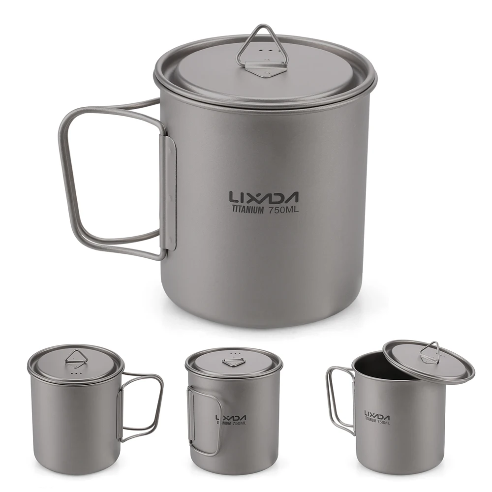 Lixada Titanium Cup Outdoor Portable Camping Picnic Water Cup Mug with Foldable Handle 300ml/350ml/420ml/550ml/650ml/750ml