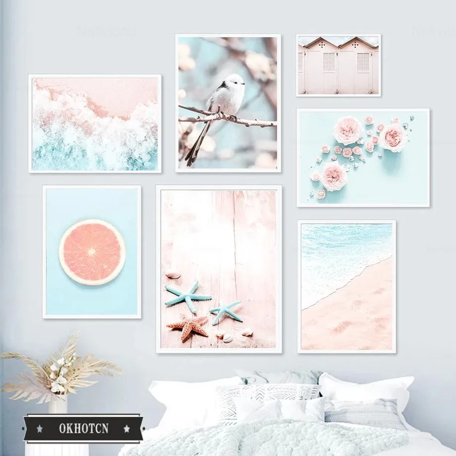 Картина на холсте скандинавский розовый синий фон Фламинго Птица оранжевый