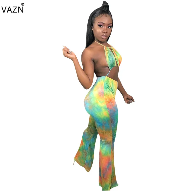 VAZN WYNZ8192 new product 2019 summer sexy lady green jumpsuit long pants halter backless jumnpsuit leopard |