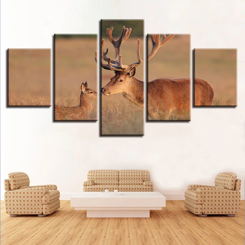 

5 Pieces Multi-horned male elk and its Children Canvas HD Prints Posters Home Decor Wall Art Pictures KIT Paintings No Frame