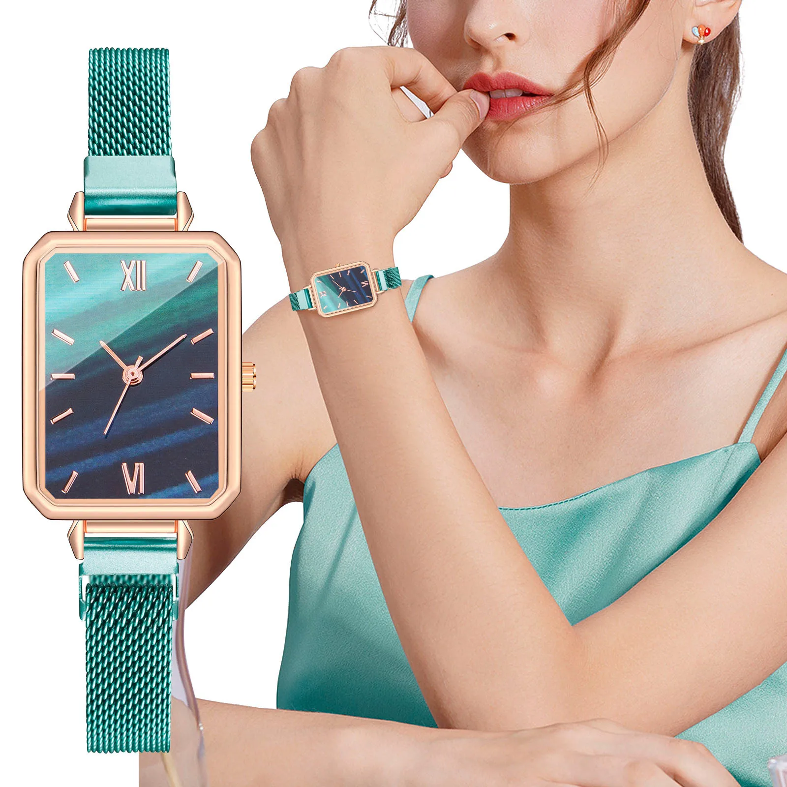 

Women Watches Fashion Square Ladies Quartz Watch Bracelet Set Green Dial Simple Magnetic Mesh Strap Luxury Women Watches 2021