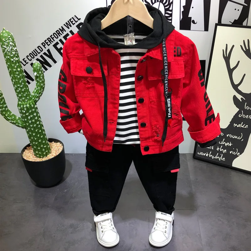 Spring Autumn Children Boys Clothing Sets 3pcs Jacket Coat+ Shirt+pants Toddler Baby Kids Hooded Clothes Suits 2 3 8 Years Old