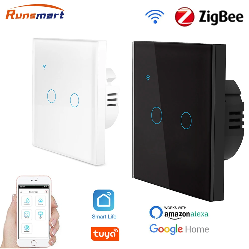 

RUNSMART WiFi/Zigbee Smart Panel Switch EU 1/2/3/4Gang Wall Power Light Switches Work With Tuya SmartLife Google Assistant Alexa