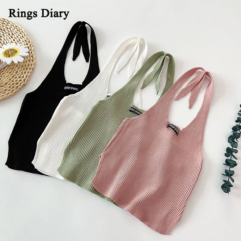 

Rings Diary Sexy Sleeveless Halter Crop Tops Women 2021 Summer New Streetwear Fashion Backless Clubwear Night Bar Lady Tops