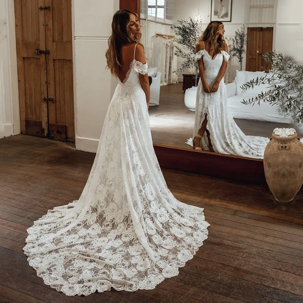 

BeryLove White Backless Mermaid Wedding Dress Lace Applique Sweetheart Off the Shoulder Bridal Dress Long Bohemian vestido novia