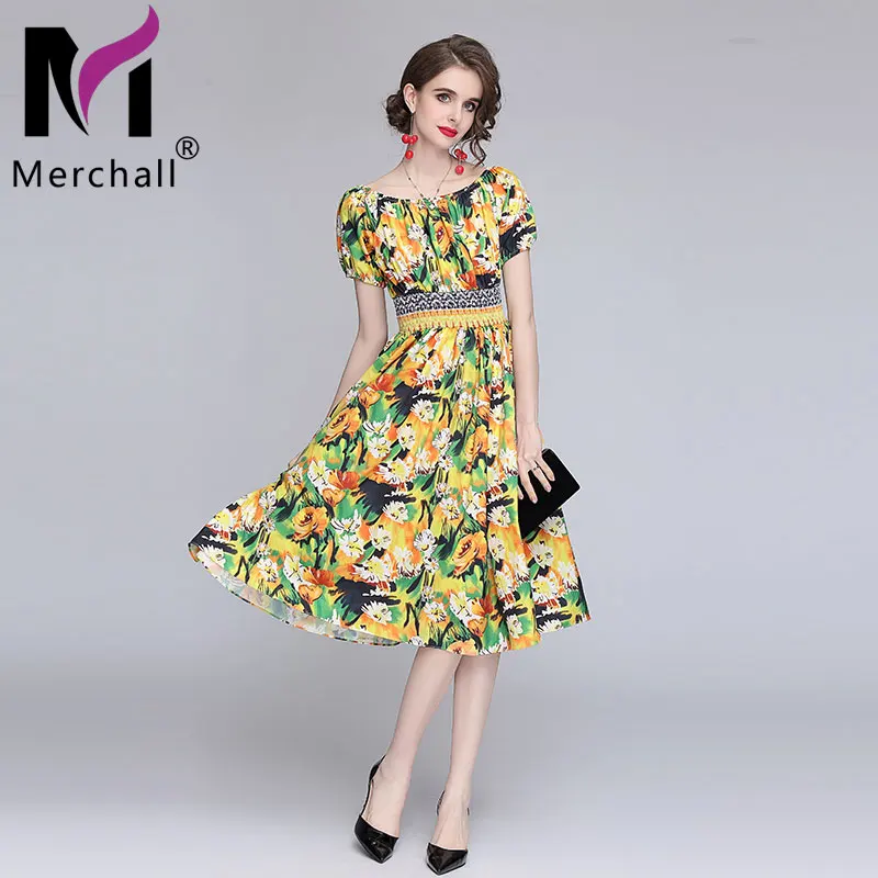 

Merchall Fashion Runway Summer Dress Women Elegant Slash Neck Puff Sleeve Elastic Waist Flower Print Vintage Midi Robe M61561
