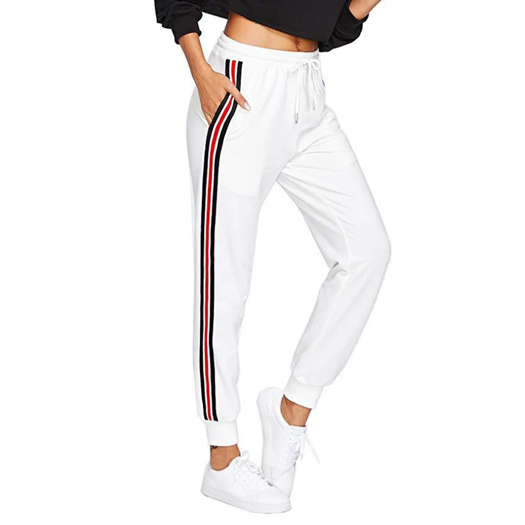 Новые модные женские штаны-шаровары с высокой талией в полоску с эластичной резинкой на талии и карманами, повседневные свободные штаны,, брюки