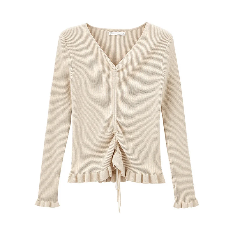 Apricot INMAN Winter Elegant Solid Color V Neck Drawstring Flower Swing Women Pullover Sweater - Цвет: Apricot