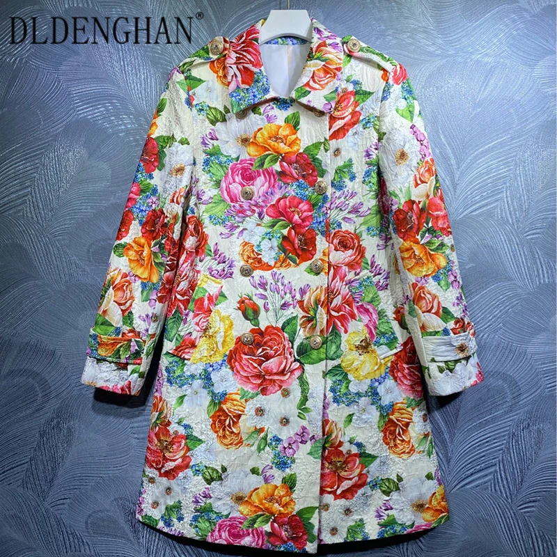 

DLDENGHAN Runway Designer Autumn Coat Women Turn-down Collar Long Sleeve Crystal Button Rose Flower Print Outwear Overcoat