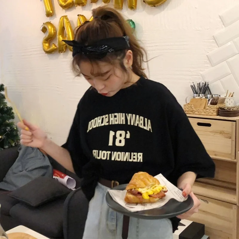 Модная женская Свободная футболка женские топы с буквенным принтом футболки