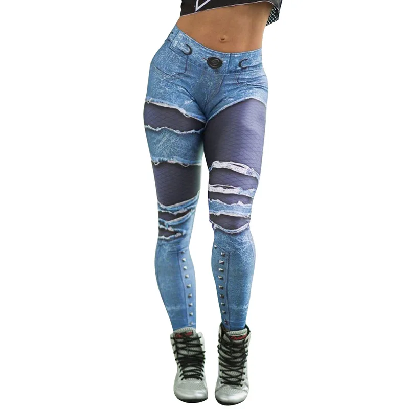 

High Waist Women Yoga Leggings Printing Ripped Denim Buttocks Digital Pants Gym Workout Tights Sports Wear Femme 2021