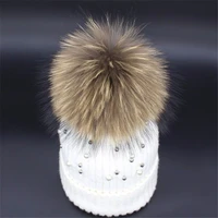 winter real fur ball beanie thick knit hat women warm raccoon fur pom poms skullies beanies wool knitted hat