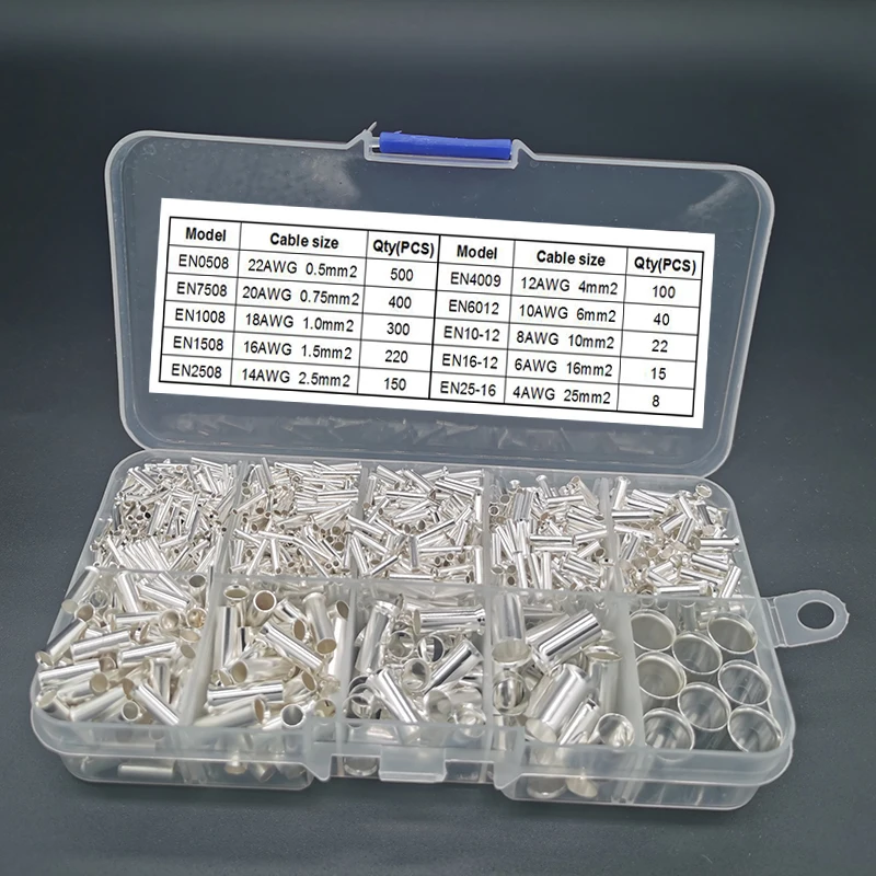 

1755pcs Tube Bare Crimp Terminals Electric Copper Naked Cord End Terminal Wire Connector Cable Ferrules EN0508~25-16 Kit 22-4AWG
